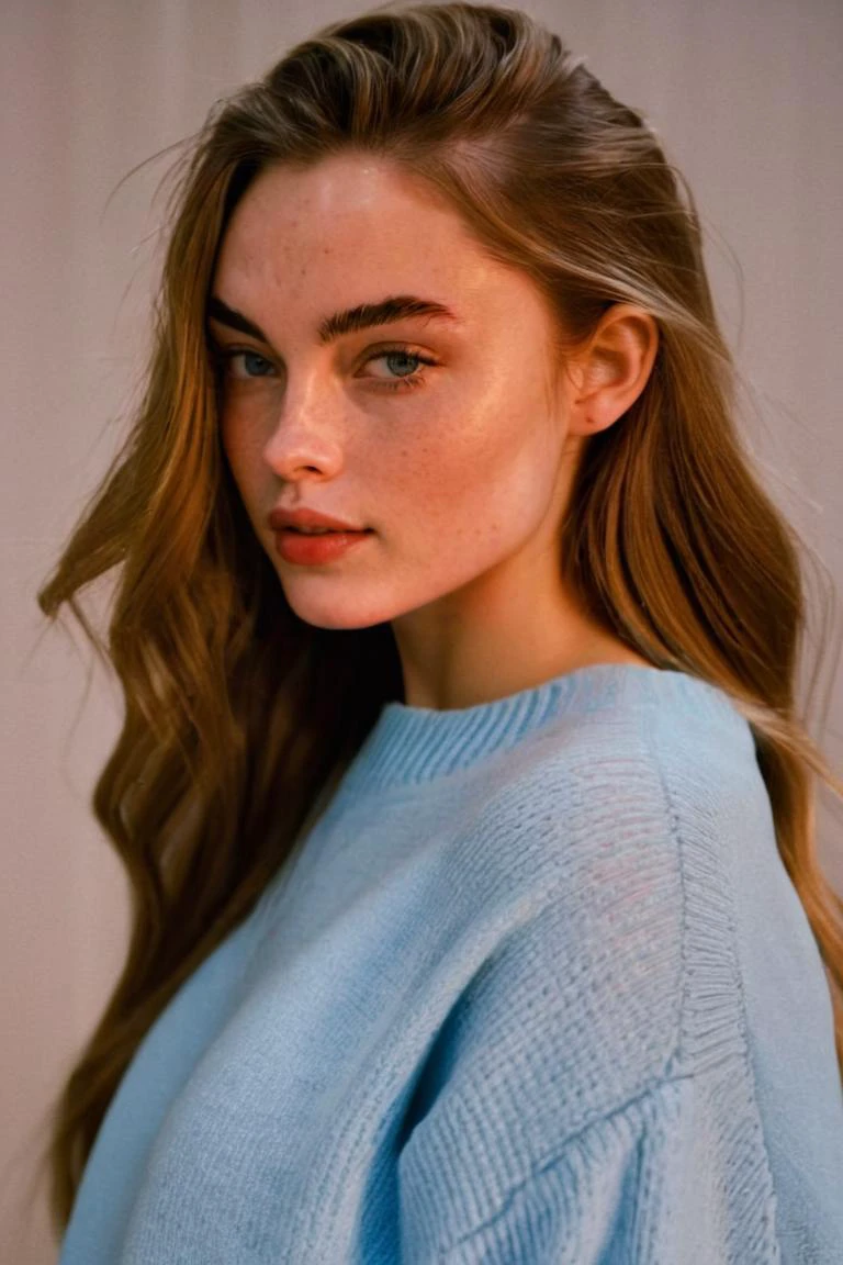 studio photo of lan1lynn in a oversized light blue sweater, (long hair), soft lighting, posing for a picture, ziprealism, for cosmopolitan, realistic skin texture, softcore, cinematic lighting, simple background, film grain