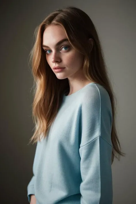 RAW Photo, DSLR BREAK
lan1lynn BREAK
half body portrait of a young 20yo woman, long hair, wearing an oversized light blue sweater BREAK
studio background, professional colorgraded