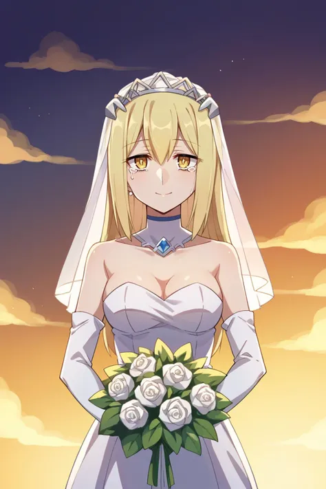 score_9, score_8_up, score_7_up, score_6_up, source_anime, BREAK 1girl, solo <lora:aiswallenstein-pdxl-nvwls-v1:1> ais wallenstein, wedding veil, wedding dress, frills, elbow gloves, smile, expressionless, holding bouquet, sunset, tears in eyes