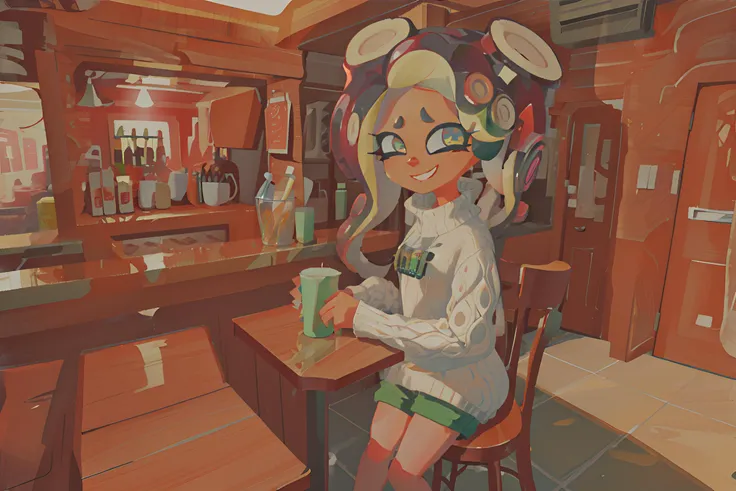 (masterpiece), (best quality), (highres), 1girl, Marina (Splatoon), Marina, sitting, arm rest, Marina, white sweater, shorts, smile, cafe, indoors, bar stool, 