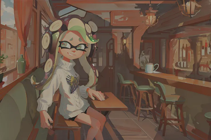 (masterpiece), (best quality), (highres), 1girl, Marina (Splatoon), Marina, sitting, arm rest, Marina, white sweater, shorts, smile, cafe, indoors, bar stool, 