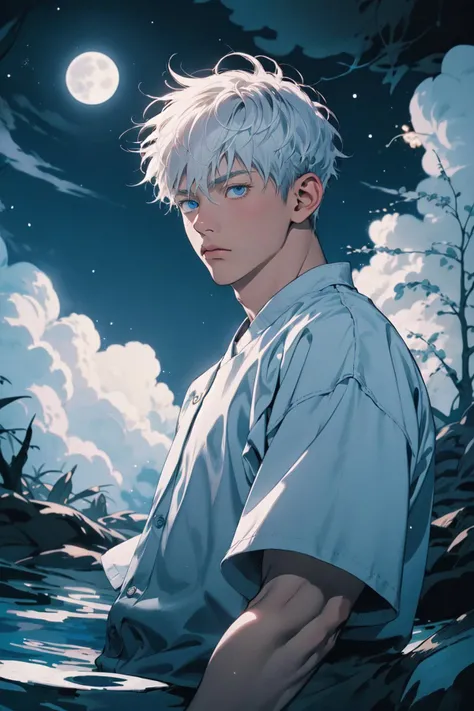 1boy,muscular,beautiful detailed glow,beautiful detailed water,(cold full moon),snowflake,(floating cloud:1.2),cowboy_shot,<lora:mansatorugojo-10:1>, satoru gojo,white hair,short hair,hair between eyes,blue eyes,colored eyelashses,