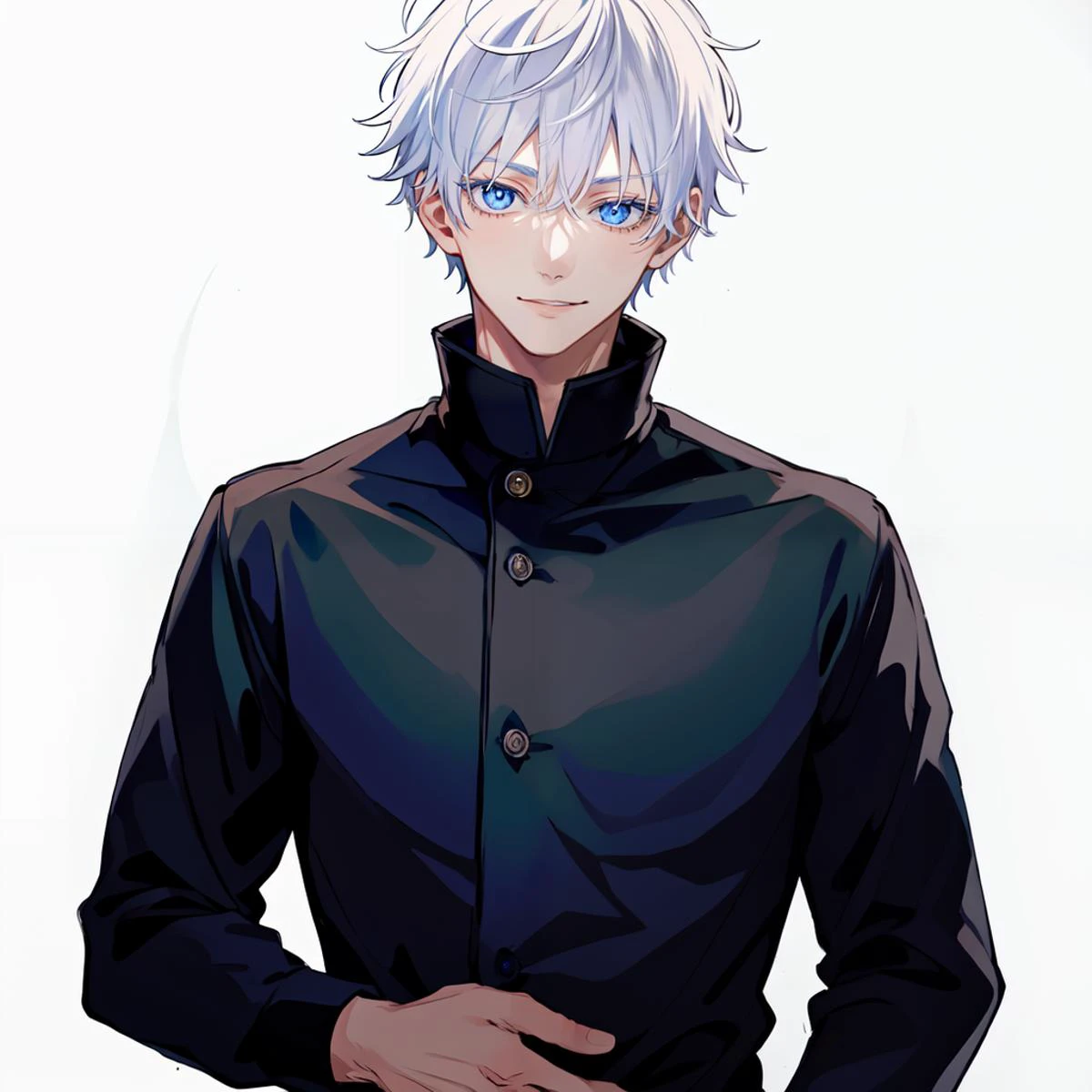 (masterpiece, top quality, best quality, official art, beautiful and aesthetic:1.2), 1boy, blue eyes, satoru gojo, white hair, short hair, hair between eyes,blue eyes,colored eyelashes, smile, (ultra detailed eyes), (black shirt, long sleeves), <lora:satorugojo-10:0.75>, (solo), (popped collar)