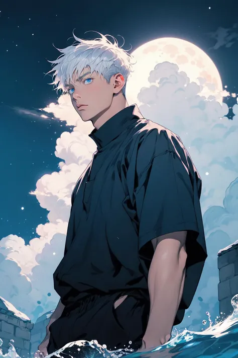 1boy,muscular,beautiful detailed glow,beautiful detailed water,(cold full moon),snowflake,(floating cloud:1.2),cowboy_shot,<lora:mansatorugojo-10:1>, satoru gojo,white hair,short hair,hair between eyes,blue eyes,colored eyelashses,