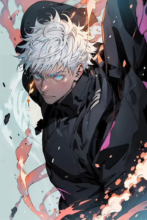 (masterpiece,best quality), 1boy, muscular,fighting stance,mecha, Jujutsu Kaisen , (action shot, speed lines,glowing circle,glowing lines,illustration,) satoru gojo,white hair,short hair,hair between eyes,blue eyes,colored eyelashes, <lora:satorugojo:0.9>, <lora:NijiExpressV2:0.5>