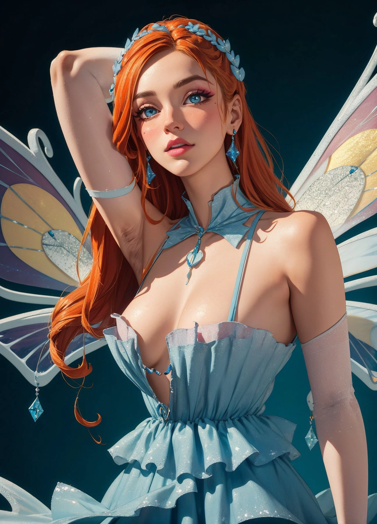 ((masterpiece)), (best quality), official art, extremely detailed CG, unity 8k wallpaper, ultra detailed, highly detailed, detailed background, vivid color, photorealistic, perfect lighting, best illumination, 32k,
S030_EkaterinaShiryaeva,(Bloom:1.5), (blue gradient dress:1.2), fairy wings, orange hair, blue eyes, sparkling outfit, gloves, gems, glitter), right hand behind her head, looking at viewer
white background, plain background, solid color background, knee-up-shot,
neon lighting, dark romantic lighting, gradients, dynamic pose,
<lora:WinxClubEnchantixBloom-10:0.8> , prettify, OverallDetail, prettyeyes, SkinDetail, fFaceDetail