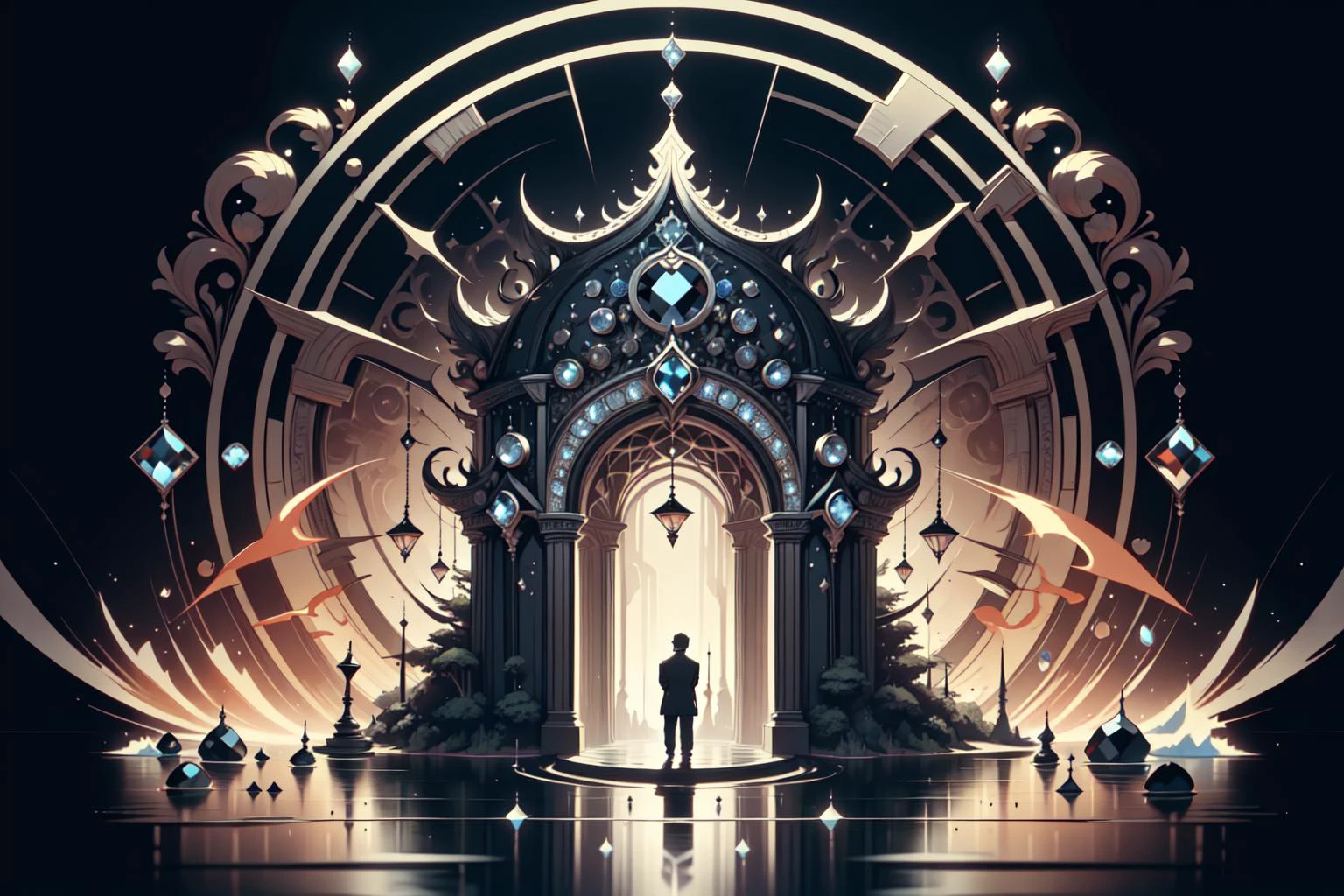 breathtaking vivid colors, extremely detailed, <lora:black-diamond-style-darquelilly-v3:1> blackdiamondstyle <lora:Dreamwave v3:0.5> dreamwave, aesthetic, a portal to another world, masterpiece, award-winning, professional, highly detailed