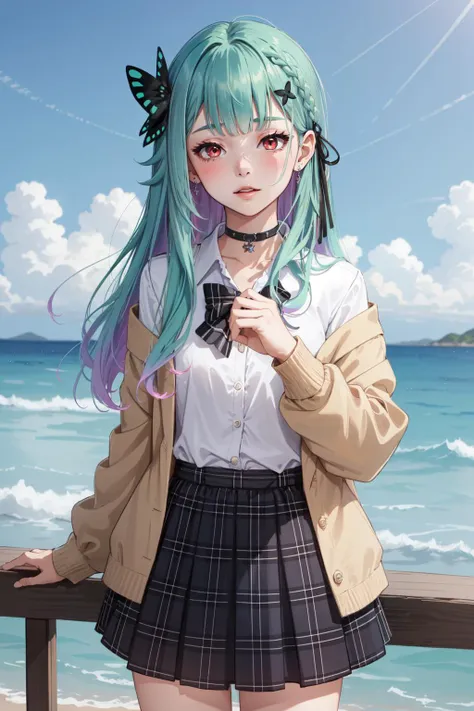 (masterpiece, best quality), intricate details,
1girl, <lora:longrushiav2_last:0.8> 1girl, solo, longrushia, long hair, aqua hair, gradient hair,multicolored hair, red eyes, hair ornament, black choker, white shirt, brown cardigan, sleeves past fingers, plaid skirt,,
prettyeyes