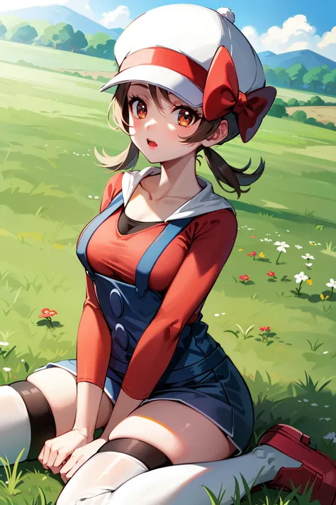 masterpiece, best quality, highres, ly01, overalls, white thighhighs, red bow, red shirt, white headwear, hat bow, eyelashes, <lora:lyra_v1:0.7>, sitting, crossed legs, thighs, breasts, mature female