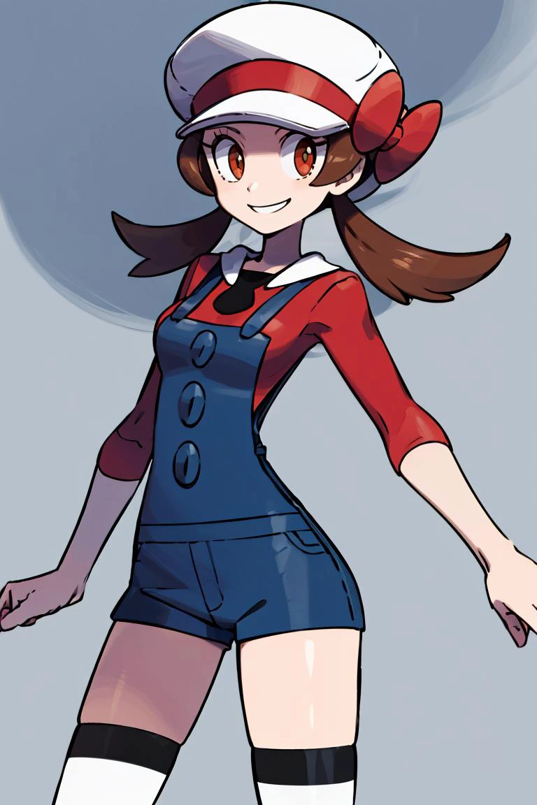 <lora:Sugimori_Ken_Style_v1:0.8>, ((masterpiece,best quality)), absurdres, <lora:lyra_v1:0.6>, ly01, overalls, white thighhighs, red bow, red shirt, white headwear, hat bow, eyelashes, solo, smiling, looking at viewer, cowboy shot, cinematic composition, contrapposto,