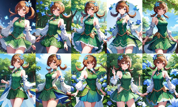 masterpiece, best quality, highres,ly02, hair flower, blue flower, twintails, detached sleeves, green dress, bare shoulders, green skirt, eyelashes, hairband, <lora:lyra_v1:0.6>, cowboy shot, standing,