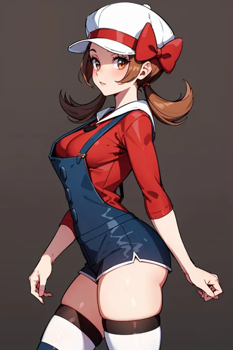 (masterpiece:1.3), (absurdres:1.3), (best quality:1.3), (ultra-detailed:1.3),(best shadow:0.7), (handled hair), perfect anatomy, 1girl, solo, rosa(pokemon), double bun, visor cap, hair bun, long_twintails, brown hair, blue eyes, hair between eyes, huge breasts, sightly smile, ((red nuisette)), wearing a red nuisette, red dress