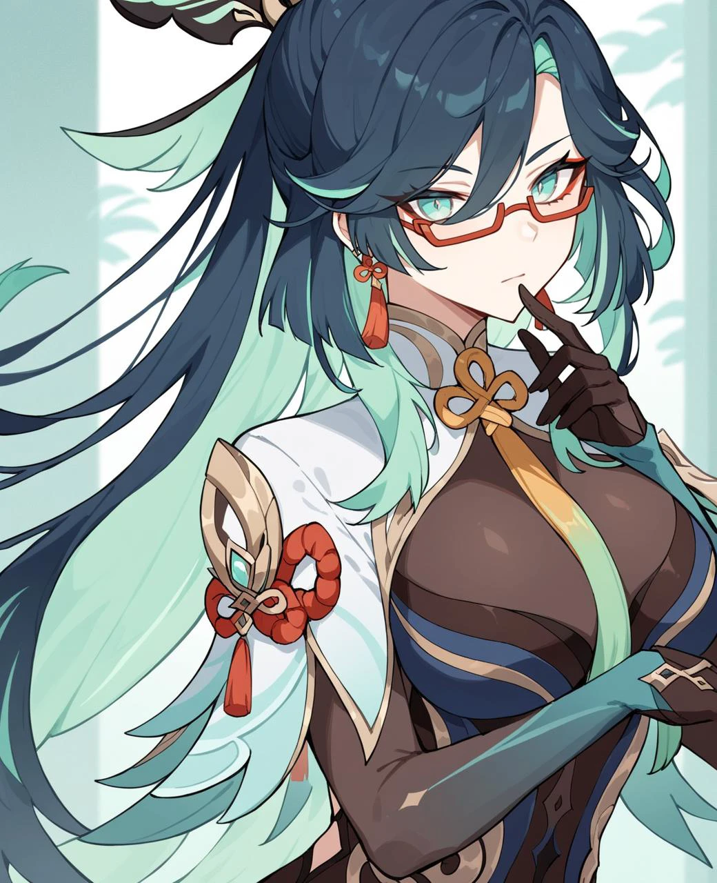 score_9, score_8_up, xianyun \(genshin impact\), 1girl, aqua eyes, black hair, breasts, colored inner hair, earrings, glasses, gloves, green hair, long sleeves, multicolored hair, red-framed eyewear, semi-rimless eyewear, two-tone hair, very long hair,
<lora:Xianyun_genshin_V1:0.8>,