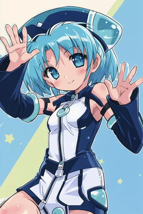 best_quality,masterpiece,1_girl <lora:komatsu_eijiV3:0.8> short hair, bangs, blue eyes,hat,blue hair, upper body,90s style,smile,boots, detached sleeves, arm up, aqua hair, standing on one leg, zipper, waving