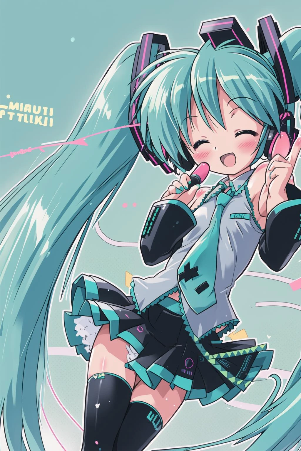 best_quality,masterpiece,1_girl, long hair, blush, smile, open mouth, skirt, thighhighs, twintails, very long hair, detached sleeves, one eye closed, food, necktie, nail polish, aqua eyes, aqua hair, headphones, microphone, headset, spring onion, hatsune miku
<lora:komatsu_eijiV3:0.8>