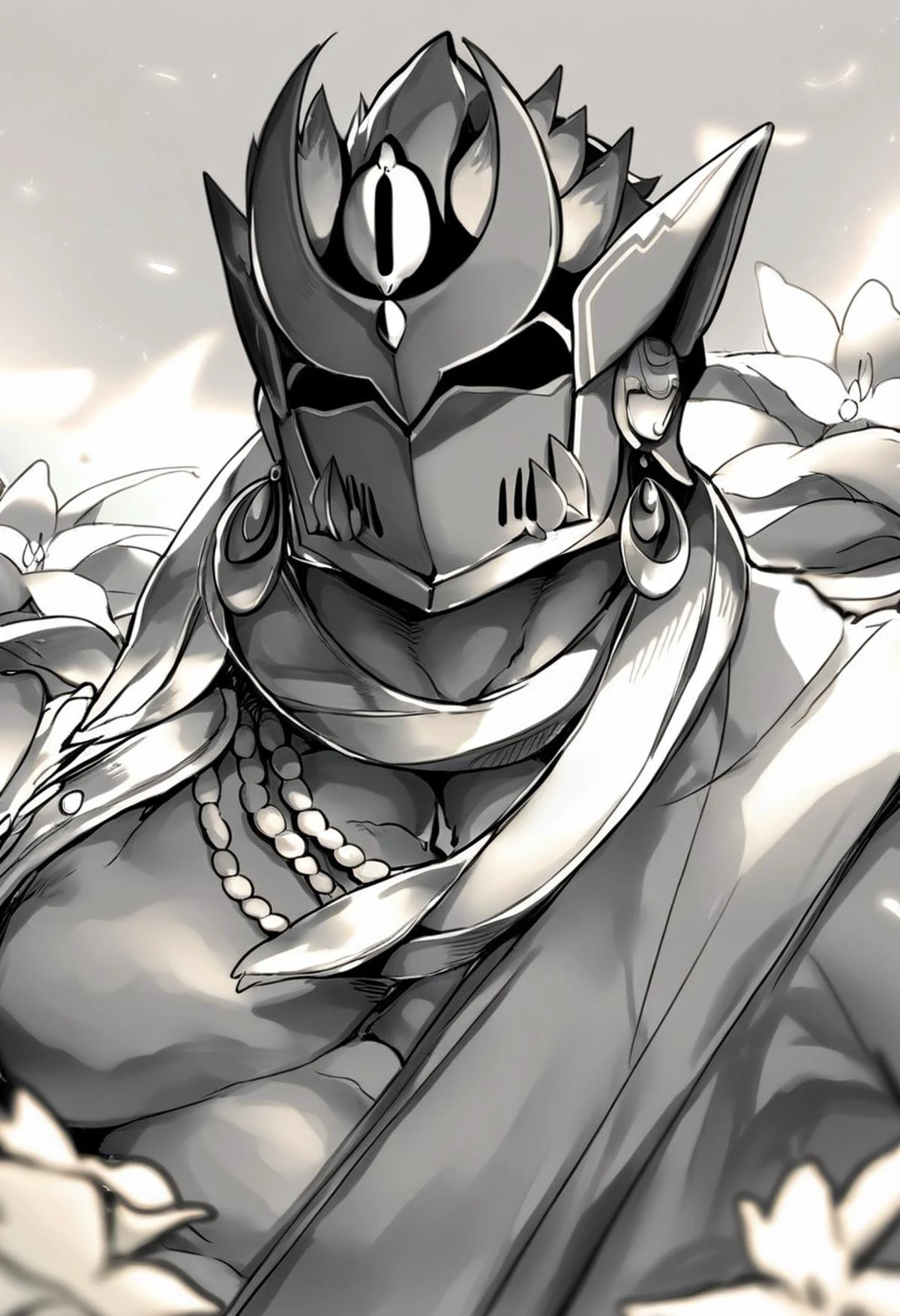 score_9,score_8_up,score_7_up,<lora:ShivaPonyXL-000016:1>,shiva, 1boy, male focus, pectorals, jewelry, helmet, solo, muscular male, muscular, earrings, upper body, large pectorals, bara, necklace, flower, closed eyes, monochrome, monk, letterboxed, colored sclera,<lora:HoloEden-000010:1>,