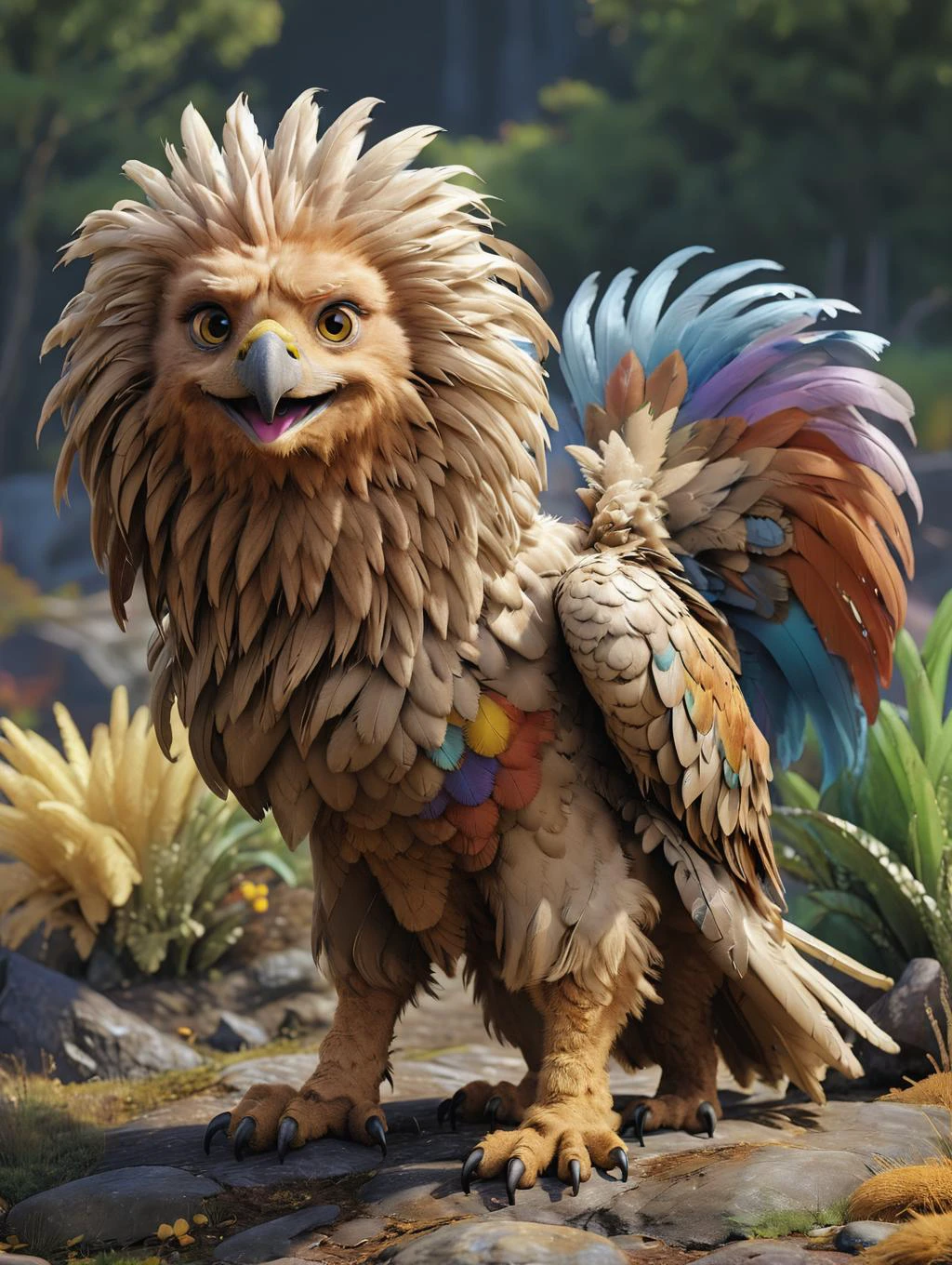 8k, realistic, vray, HDR, 6000K, perfect light, bokeh, dept of field, photorealistic, masterpiece, high resolution, best quality,
(pixar style), (pixar character:1.2), <lora:RPGGriffonXL:0.8>, cute little griffon, colorful feather, LoL, smiling