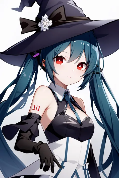 1girl, long hair, solo, red eyes, black hair, twintails, gloves, hat, witch hat, looking at viewer, bare shoulders, hatsune miku, very long hair, black gloves