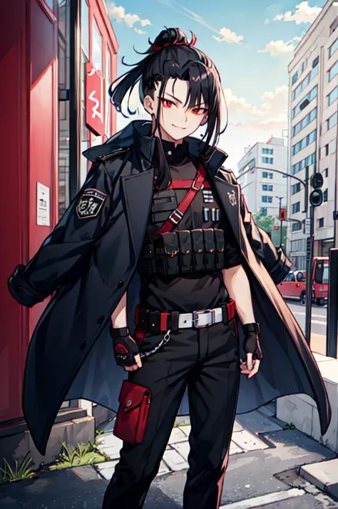 (((1 boy)),raytraced,(dimly lit by),[detailedbackground(Black night sky)),((cabelos preto e longos)),((black color hair)),(((((Black hair with fluffy hair))Wears a high ponytail)))Look straight ahead under the night sky((((The boy wears a crimson Tech-Inspired Assassin tights and a Tech-Inspired Mask)And wear naked finger gloves),Showing a delicate and capable body,Correct limbs,Half kneeling on the roof of the building