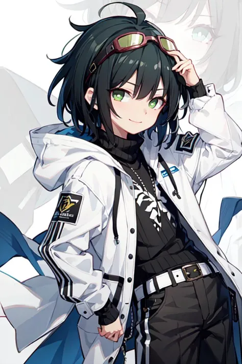 <lora:QuAn_V7:1>, ultra detailed, masterpiece, best quality, aesthetic, detailed,, ultra detailed, masterpiece, best quality, solo, smile, 1boy, green eyes, short hair, black hair, bangs, hair between eyes, messy hair, goggles on head,, headband, white coat, hooded coat, hood down, open coat, turtleneck, capri pants, pants, black knee boots,