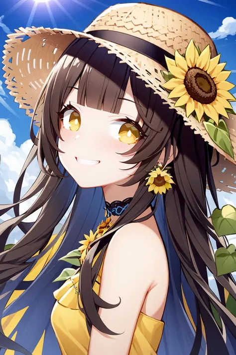 1girl, sunflower, smile, solo, flower, long hair, hat, dress, jewelry, straw hat, brown hair, yellow headwear, yellow dress, looking at viewer, earrings, hair ornament, blush, bangs, virtual youtuber, yellow flower, yellow eyes, grin, sun hat, shirt, swept bangs, sunlight