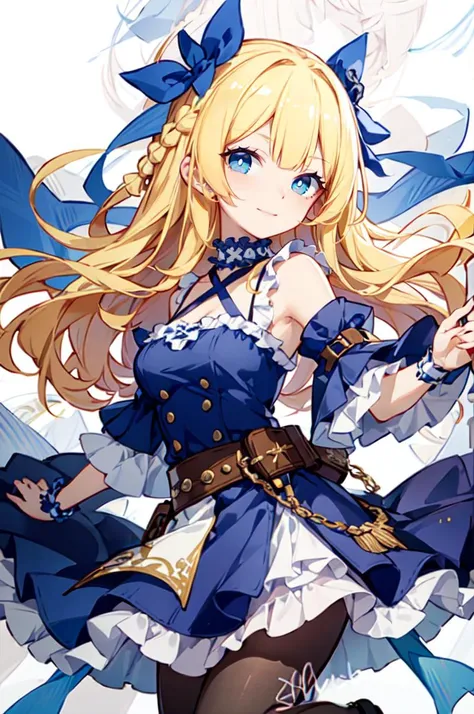 A girl with blonde hair, long straight hair with bangs and a baby face, big round and droopy eyes, taut tits full of meat, wearing a brown collar with a padlock, wearing a blue high-waisted jumperskirt maid outfit that exposes her cleavage and emphasizes her breasts, long sleeved puff sleeves, blue beautiful eyes, wearing a skirt with a ruffled apron, wearing a thick belt, white gloves, double teeth, wearing a white tie. She has long sleeved puff sleeves, beautiful blue eyes, wears a long skirt with a ruffled apron, wears a thick belt, white gloves, has double teeth, wears white tights, has a white inverted triangle pattern slightly below her eyes, white headphone covers on her ears, Medium shot