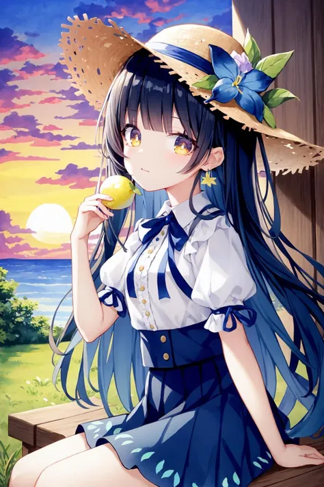1girl, solo, hat, flower, earrings, long hair, jewelry, traditional media, short sleeves, yellow flower, bug, butterfly, fruit, painting \(medium\), straw hat, watercolor \(medium\), shirt, skirt, leaf, outdoors, hat flower, lemon, blue skirt, food, sunset, tree, bangs, brown hair, ribbon, black hair, puffy sleeves, frills, sitting, lemon slice, blue ribbon, puffy short sleeves, hand up, red flower