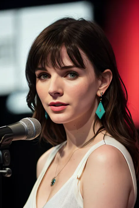 best quality raw photo of (A12l1ngBea:0.99), a woman as a presenter in radio show, modelshoot style, (extremely detailed CG unity 8k wallpaper), photo of the most beautiful artwork in the world, professional majestic oil painting by Ed Blinkey, Atey Ghailan, Studio Ghibli, by Jeremy Mann, Greg Manchess, Antonio Moro, trending on ArtStation, trending on CGSociety, Intricate, High Detail, Sharp focus, dramatic, photorealistic painting art by midjourney and greg rutkowski, (shirt and pants:1.1), ((radio studio)), ((recording a radio show)), ((bbc radio)), (looking at the camera:1.2), (detailed pupils:1.3), (earrings:1.2), (closeup:1.2), (necklace), (red lips)