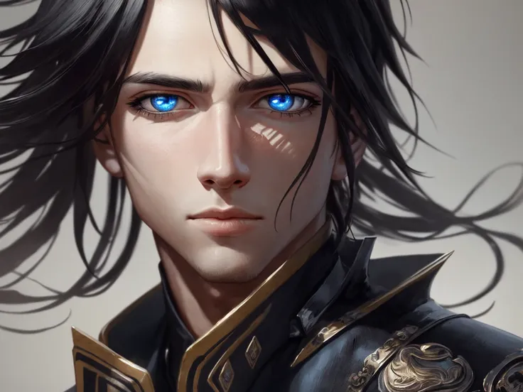 ((best quality)), ((masterpiece)), ((realistic)), man with black hair, blue eyes, black coat, fantasy, kingdom, detailed face, detailed eyes, illustration, highly detailed, sharp focus, digital render, professional, 4k, artstation