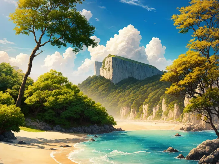 ((best quality)), ((masterpiece)), ((realistic)), a sunny beach, azure coast, italy, colorful, trees, clouds, illustration, highly detailed, sharp focus, digital render, professional, 4k, artstation