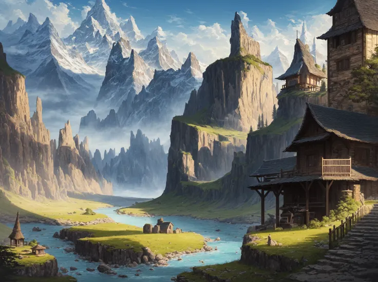 ((best quality)), ((masterpiece)), ((realistic)), a beautiful fantasy landscape, kingdom, wide shot, mountains, river, buildings, illustration, highly detailed, sharp focus, digital render, professional, 4k, artstation