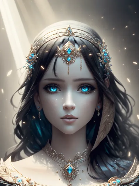 ((best quality)), ((masterpiece)), ((realistic)), woman, celestial, deity, goddess, light particles, magic, light rays, reflections, (colorful), ray tracing, elegant dress, beautiful, pretty, detailed face, detailed eyes, illustration, highly detailed, sharp focus, digital render, professional, 4k, artstation, <hypernet:sxzBloom_:1>