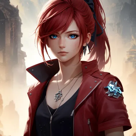 ((best quality)), ((masterpiece)), ((realistic)), adult woman, red hair, ponytail, blue eyes, red jacket, black shorts, final fantasy, kingdom hearts, light particles, light rays, illustration, highly detailed, sharp focus, digital render, professional, 4k, artstation, close up, portrait