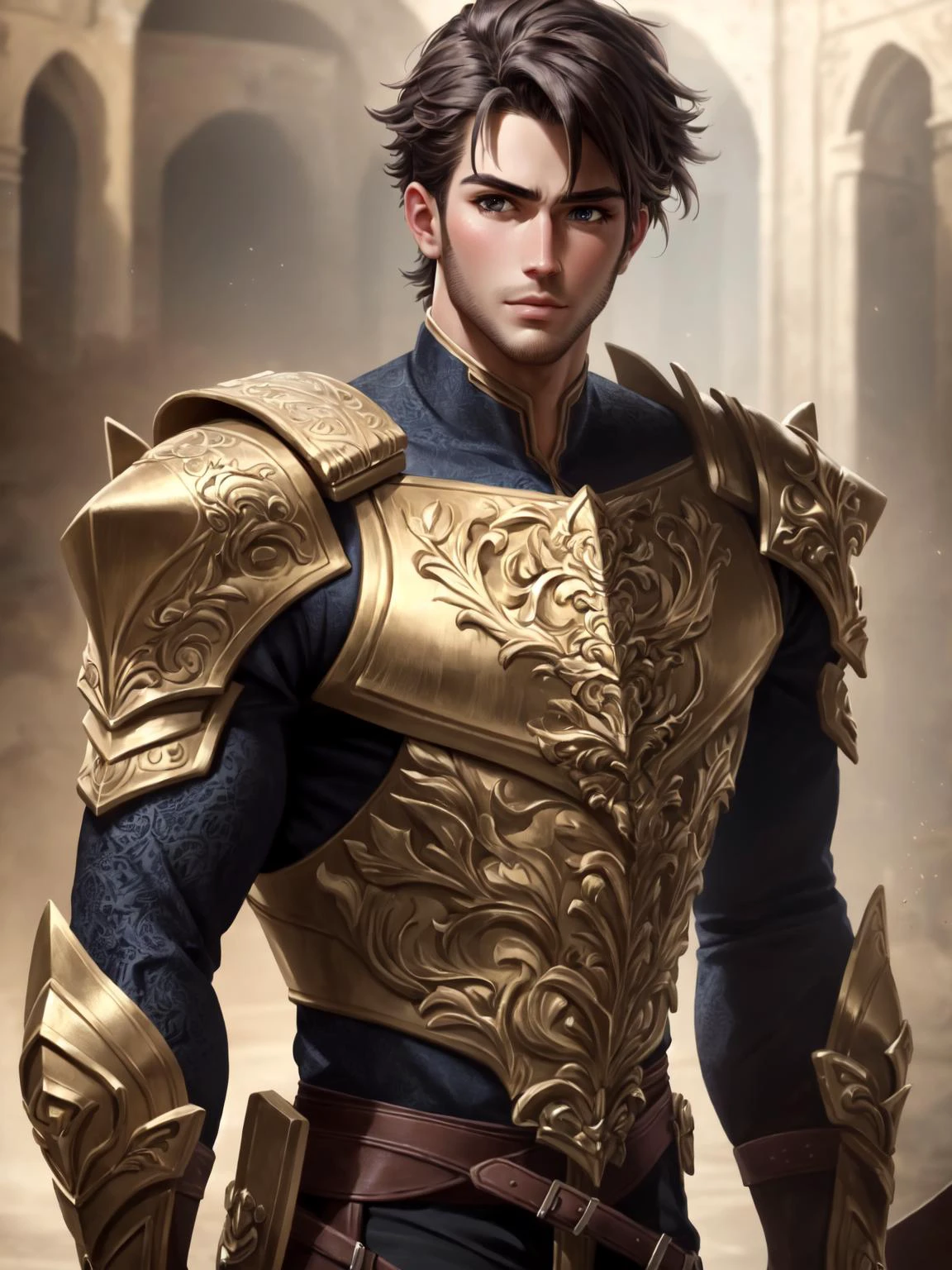 ((best quality)), ((masterpiece)), ((realistic)), handsome man, armor, brown hair, intricate details, highly detailed, sharp focus, digital render, professional, 4k, artstation, artgerm, <lora:Sakimi Version 2 - Epoch (8):0.7>