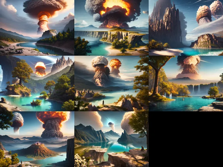 masterpiece, best quality, high quality, extremely detailed CG unity 8k wallpaper, scenery, outdoors, sky, cloud, day, mountain, post-apocalypse, (((small nuclear explosion))), landscape, water, tree, blue sky, waterfall, cliff, nature, lake, river, cloudy sky,award winning photography, Bokeh, Depth of Field, HDR, bloom, Chromatic Aberration ,Photorealistic,extremely detailed, trending on artstation, trending on CGsociety, Intricate, High Detail, dramatic, art by midjourney