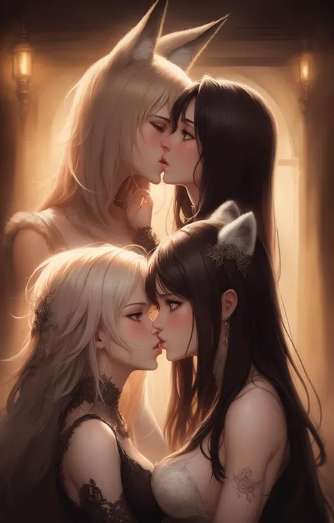 ((masterpiece)), ((best quality)), intricate details, cinematic light, fox ears, fluffy hair, (fluffy tail:1.2), (yuri), small breasts, blush, ((kiss)), HDR, 8k resolution, art by rutkowski and artgerm, blurry, soft cinematic light, adobe lightroom, photolab, intricate, highly detailed, (((depth of field))), BREAK, epic realistic, (hdr:1.5), ((neutral colors)), art, (muted colors:1.2), hyperdetailed, (artstation:1.5), warm lights, dramatic light, (intricate details:1.2), look at each other, <hypernet:icsA3_icsA3:0.11>,