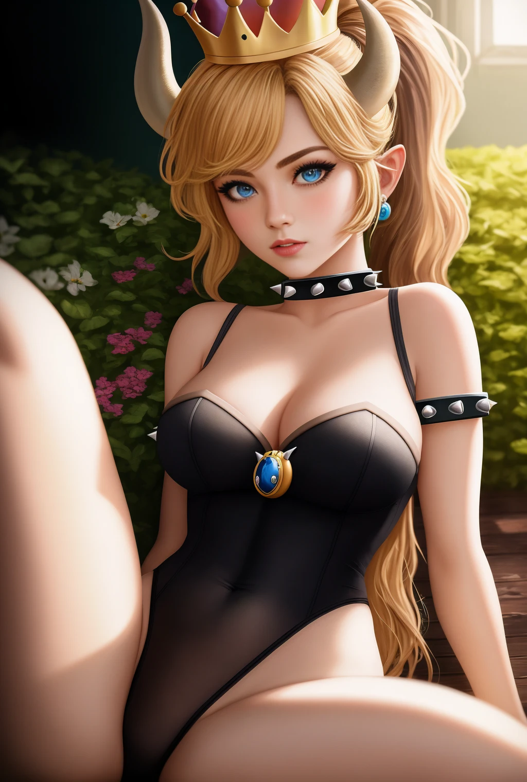 cowboy shot of corneo_bowsette sitting on floor in beautiful garden, thighs, tail, masterpiece, film grain, (lens distortion:0.7), (chromatic aberration:0.7), intricate, unreal engine 5, volumetric lighting, realistic, realistic lighting, cinematic, 8k, cinematic lighting, (depth of field:0.7), masterpiece, perfect, hyper-detailed, photorealistic, ultra realistic, realistic light, hard lighting, intricate details, stop motion, hyperfocus, tonemapping, sharp focus, hyper detailed, trending on Artstation