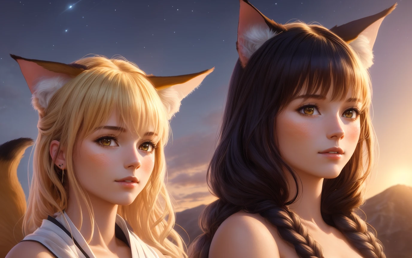 (((3 girls))), ((cat girl), (((portrait))), (((Kitsune))), (((cute girl))), fair skin, ((rag loincloth))), topless, open chest, ((small chestbreast)), ((big hips)), blush face, smile, indigo hair, side braid, (realistic photo:1.5), ((high resolution illustration)), ((extremely detailed)), ((masterpiece)), cinematic lighting, dramatic shadows, ((best quality)), high detail, (cinematic light:1.1), by Jeremy Lipking, by Greg Rutkowksi, (textured skin:1.4), detailed lighting, depth of field, perfect hands, realistic hands, extremely detailed hands, individual fingers, intricate fingers, (detailed hair: 1.9), (detailed face and eyes:1.4), intricate hair, realistic colors, bright colors, (Style-NebMagic: 1.8), sun, sunset, stars, sky, horizon
