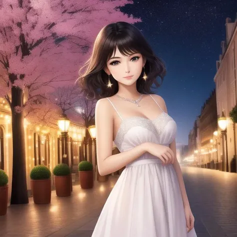 young woman, ((21 years old beautiful woman)), short dark hair, gorgeous woman, feminine, delicate, alluring, charming, captivating, mesmerizing, enchanting, youthful, youthful glow, carefree, dreamy, wistful, romantic, romantic mood, light dress, flowing dress, (elegant dress), beautiful dress, delicate fabric, (soft breeze), Paris, city of love, city of lights, historic city, sophisticated city, charming city, cobblestone streets, winding streets, street lamps, (night sky), (twinkling stars), looking at viewer, (close up picture), gazing skyward, (contemplative expression), peaceful, serene, tranquil, dreamy, starry night, magical night, (enchanted atmosphere), captivating skyline, iconic skyline, picturesque scene, timeless scene, romantic scene, unforgettable scene.