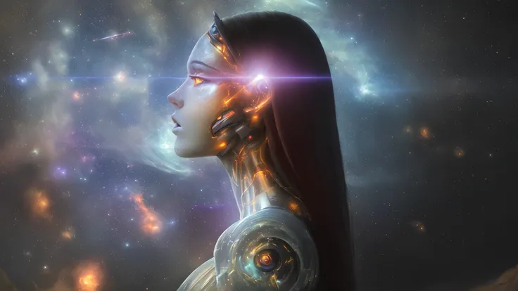 (best quality)), ((masterpiece)), ((realistic)), scifi woman, bio-mechanical, cyborg woman, beautiful, light particles, swirls of fire, colorful, reflections, (colorful), space nebula in background, fire, stars in background, ray tracing, detailed face, detailed eyes, illustration, highly detailed, sharp focus, digital render, professional, 4k, artstation,