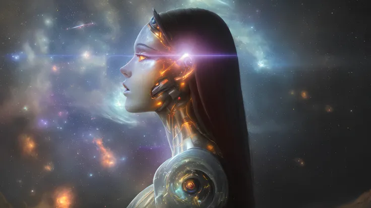 (best quality)), ((masterpiece)), ((realistic)), scifi woman, bio-mechanical, cyborg woman, beautiful, light particles, swirls of fire, colorful, reflections, (colorful), space nebula in background, fire, stars in background, ray tracing, detailed face, detailed eyes, illustration, highly detailed, sharp focus, digital render, professional, 4k, artstation,