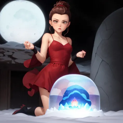 full body portrait of thiefezri wearing red dress, pouting frown, eyes wide open in shock, looking downwards, night, particles, burning igloo in the background, looking at viewer, volumetric lighting, best quality, masterpiece,<lora:thiefezri-200-manual-768:.6>