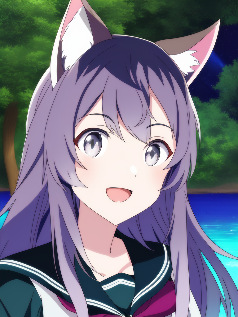 Anime girl with long purple hair and cat ears standing in front of a ...