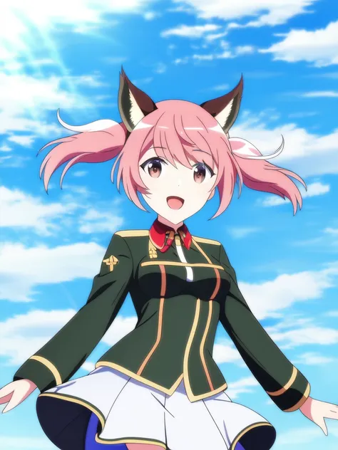 portrait, (solo, 1girl), portrait, (solo, 1girl), day time, small breasts, (Dark Brown eyes), extra short hair,(Pink hair) twintails, (Dark Red military uniform), sky, clouds background, best quality, 1girl, dog ears, smile, open mouth, (anime, waifu, new, newest:1.2), (anime, waifu, new, newest:1.2)
(exceptional, best aesthetic, new, newest, best quality, masterpiece, extremely detailed, anime, waifu:1.2) <lyco:NotSHAFT_v2-epoch05-Dadapt-WD15BWeeb:1.0>