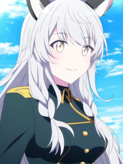 portrait, (solo, 1girl), portrait, (solo, 1girl), day time, medium breasts, (Light Yellow eyes), extra long hair,(White hair) multiple braids, (Blue military uniform), sky, clouds background, best quality, 1girl, dog ears, smile, closed mouth, (anime, waifu, new, newest:1.2), (anime, waifu, new, newest:1.2)
(exceptional, best aesthetic, new, newest, best quality, masterpiece, extremely detailed, anime, waifu:1.2) <lyco:NotSHAFT_v2-epoch05-Dadapt-WD15BWeeb:1.0>