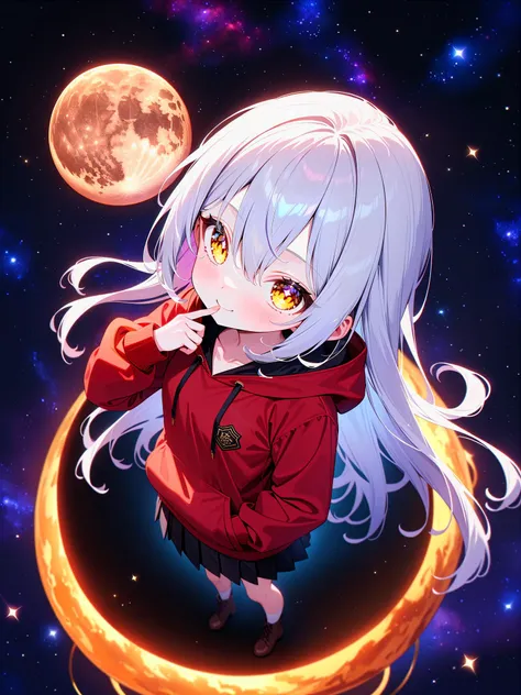 masterpiece, best quality, very aesthetic, absurdres, newest, 
1girl, cute girl, 
skinny, petite, ************, small breasts, blonde eyes, yellow eyes, (silver hair:1.4), very long hair, hair between eyes, 
hoodie, red shirt , black skirt, pleated skirt, brown boots, 
starry sky, star \(sky\), full moon, milky way, blue moon, nebula, 
from above, standing, finger to cheek, tilting, 
closed mouth, smile, doyagao, (hand in pocket:1.2), on the sphere,