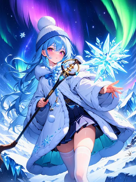 masterpiece, best quality, newest, 
1girl, cute girl, 
teenager, pink eyes, ice blue hair, braid, long hair, small breasts, 
robe, holding staff, fur trim, knit hat, wizard, 
blue skirt, miniskirt, thighhighs, white legwear, 
starry sky, star, aurora, night, 
snow, snow field, glacier, 
magic Circle, staff, ice Crystal, 
ice particle, ice flower, 
feet out of frame, acing viewer,