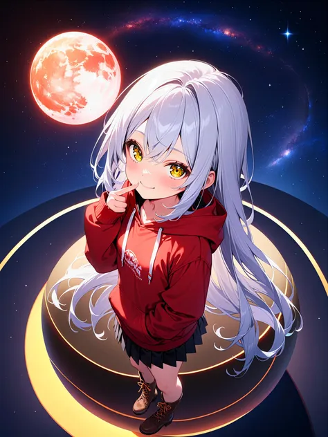 masterpiece, best quality, newest,
1girl, cute girl,
skinny, petite, ************, small breasts, blonde eyes, yellow eyes, (silver hair:1.4), very long hair,
hoodie, red shirt , black skirt, pleated skirt, brown boots,
starry sky, star \(sky\), full moon, milky way,
from above, standing, finger to cheek, tilting
closed mouth, smile, doyagao, hand in pocket, blue moon, on the sphere,