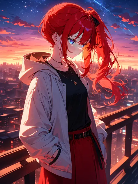 masterpiece, best quality, very aesthetic, absurdres, newest, 
1girl, cute girl, 
teenager, blue eyes, red hair, side ponytail, 
small breasts, 
black shirt, white hooded jacket, loose shirt, black bow, red skirt, necklace, belt, 
expressionless, closed mouth, hand in pocket, hand in jacket pocket, 
twilight, dusk, sunset, star \(sky\), sunlight, city lights, street, rooftop, metal fence, 
clear background, looking afar,