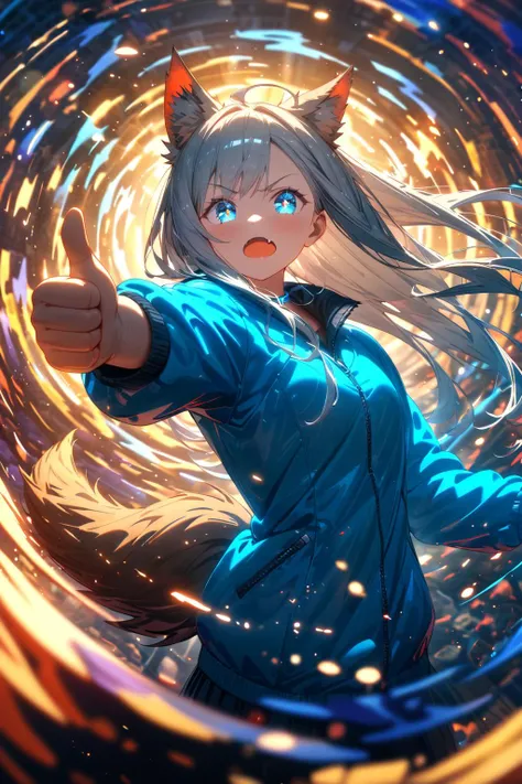 (Masterpiece:0.9), best quality, (illustration, official art:0.95), ultra detailed, solo, 1 girl, dynamic angle, Cyan colour theme, detailed eyes, tsurime, silver long hair, (open mouth, fang:1.05), wolf's ear, (bushy tail:0.8), perfect body, jacket, (cinematic lighting, lens flare), thumbs up, absurd, [(white background:1.2)::0.2], (abstract wallpaper:1.2),  <lora:Anime Enhancer XL V2:1.4> <lora:sdxl2-flat2-512b:-1.05> <lora:cns2i2de878c73fo5mug:0.95>